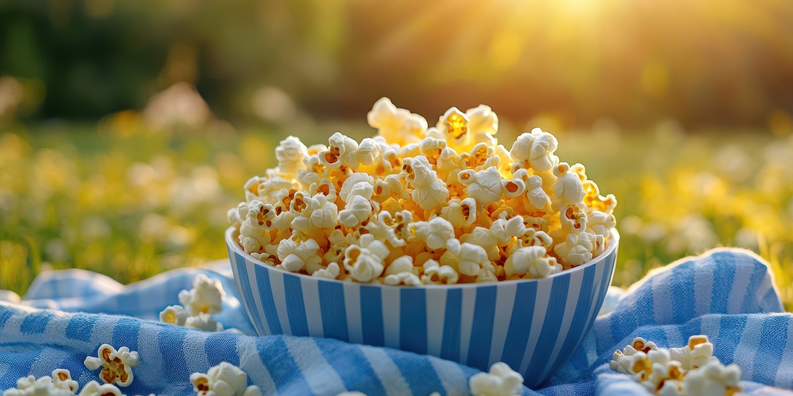 Sunset picnic with a bowl of freshly popped popcorn in a lush green field